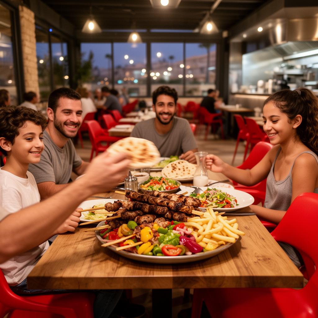 משפחה נהנית מארוחת שיפודים ומגש שיתוף בשיפודי איצ'י אילת