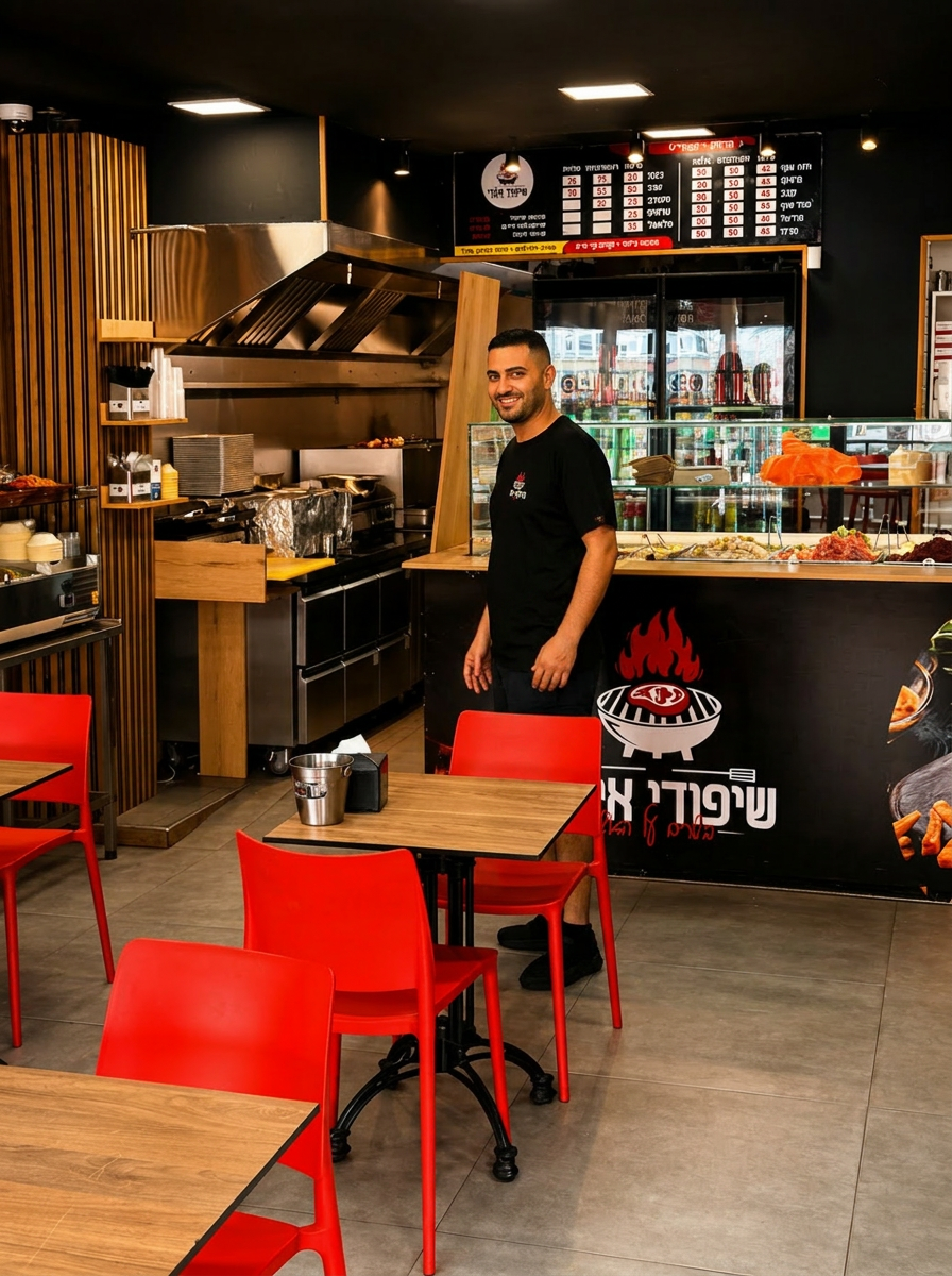 איצ'י בעל המסעדה ליד בר הסלטים והגריל הפתוח